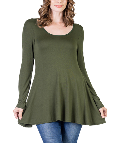 24seven Comfort Apparel Women's Long Sleeve Swing Style Flare Tunic Top In Army