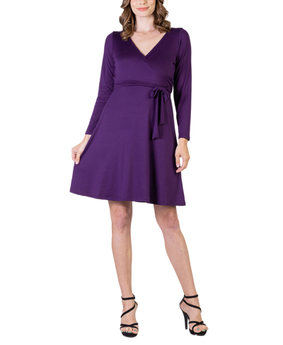 24seven Comfort Apparel Chic V-neck Long Sleeve Belted Dress In Purple