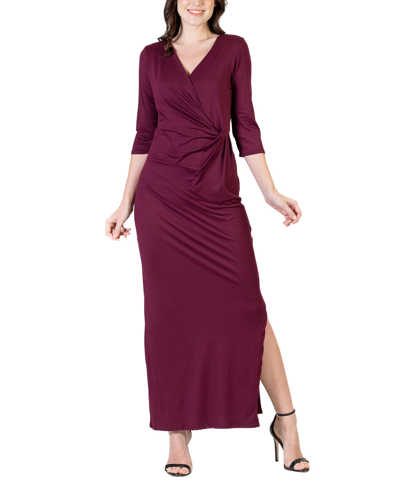 24seven Comfort Apparel Women's Fitted V-neck Side Slit Maxi Dress In Burgundy