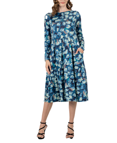 24seven Comfort Apparel Women's Print Long Sleeve Pleated Midi Dress In Blue Multi
