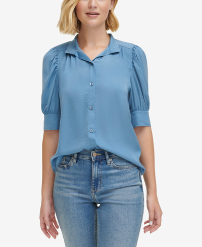 Calvin Klein Jeans Est.1978 Women's Stand-collar Charmeuse Puff-sleeve Shirt In Stormy Blue
