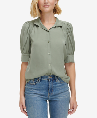 Calvin Klein Jeans Est.1978 Women's Stand-collar Charmeuse Puff-sleeve Shirt In Sagebrush