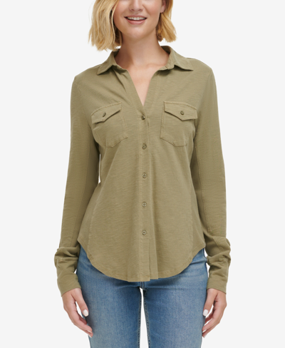 Calvin Klein Jeans Est.1978 Women's Long Sleeve Side Panel Button Down Shirt In Dusky Green