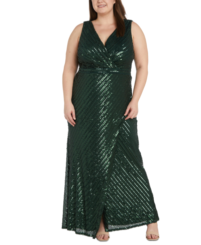 Nightway Plus Size Striped Sequined V-neck Sleeveless Gown In Pine