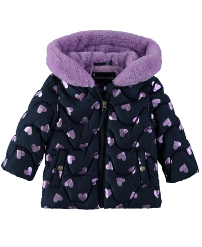S Rothschild & Co Rothschild Baby Girls Foil Heart Quilted Jacket With Mittens In Navy Heart