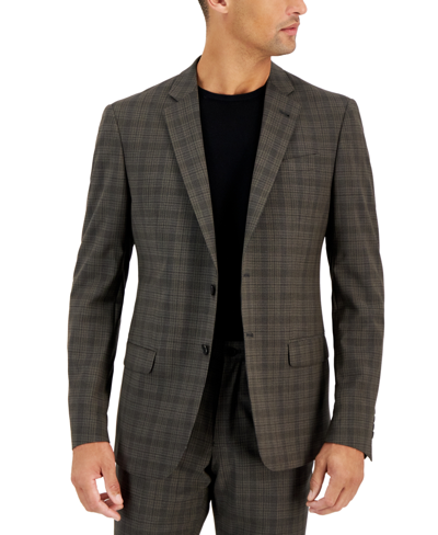 A X Armani Exchange Armani Exchange Men's Slim-fit Brown Plaid Wool Suit Jacket