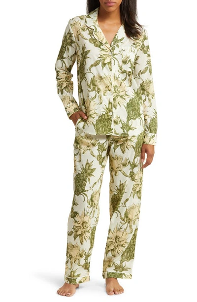Desmond & Dempsey Floral Long Sleeve Cotton Pyjamas In Nightbloom Cream/ Green