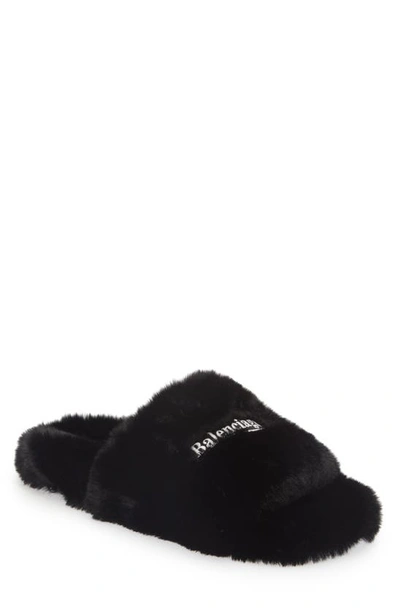 Balenciaga Furry Faux Shearling Slide Sandal In Black