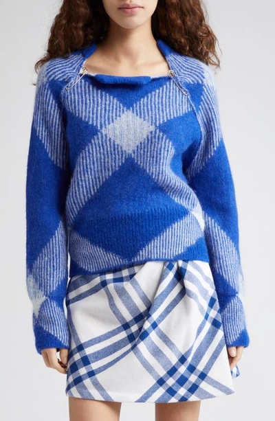 Burberry Check Alpaca Wool Blend Sweater In Blue