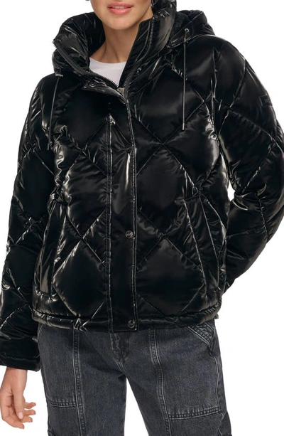 Dkny Diamond Quilt Water Resistant Puffer Jacket In Shiny Black