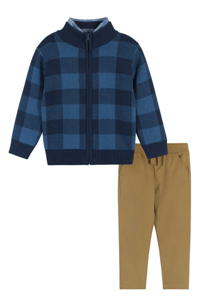 Andy & Evan Kids' Zip-up Jumper, Shirt & Trousers Set In Navy Check