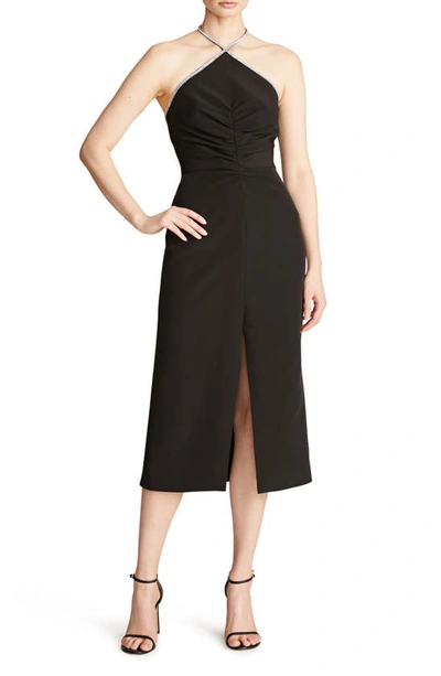 Halston Piper Crystal-trim Crepe Midi Halter Dress In Black