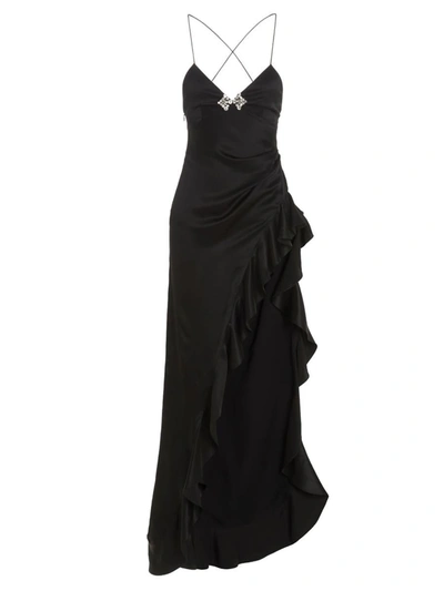 Alessandra Rich Silk Satin Slip Dress With Crystal Embellishment In Black