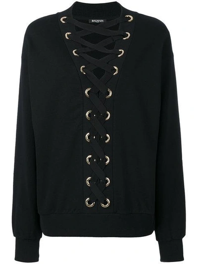 Balmain Lace-up Cotton-jersey Sweatshirt In Noir