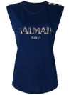 Balmain Button-embellished Printed Cotton-jersey Top In Blue