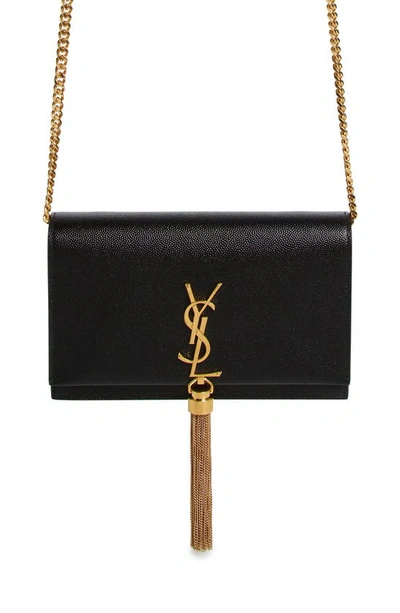 Saint Laurent Cassandre Kate Tassel Leather Wallet On A Chain In Black
