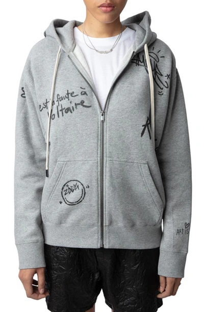 Zadig & Voltaire Spencer Manifesto Zip Front Hoodie In Gris Chine