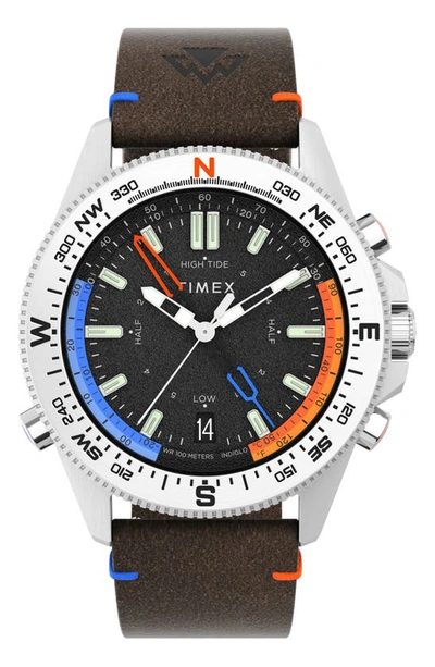 Timex North Tracker Tide Expedition Watch Bousson And Thermometer 43 Mm Ecological Leather Bracelet In Brown