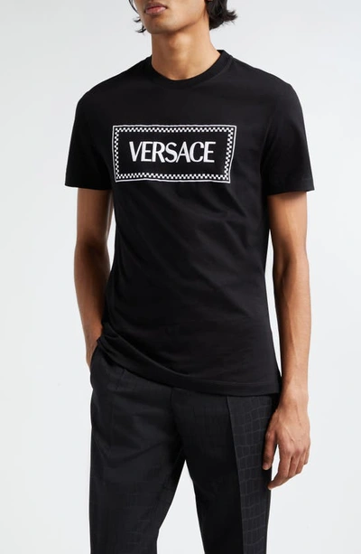 Versace Embroidered Logo Cotton Jersey T-shirt In Black