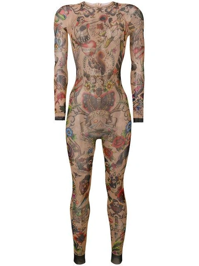 Dsquared2 Tattoo Printed Stretch Tulle Jumpsuit In Multicolor