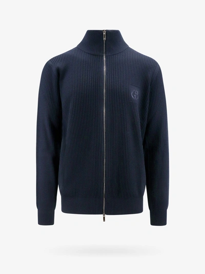 Giorgio Armani Ribbed Zip-up Wool Sweater In Blue