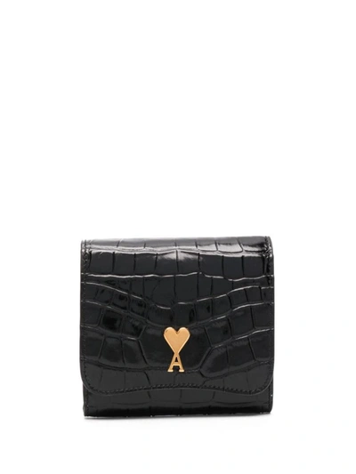 Ami Alexandre Mattiussi Paris Crocodile-embossed Logo Wallet In Wool Tricontine Black