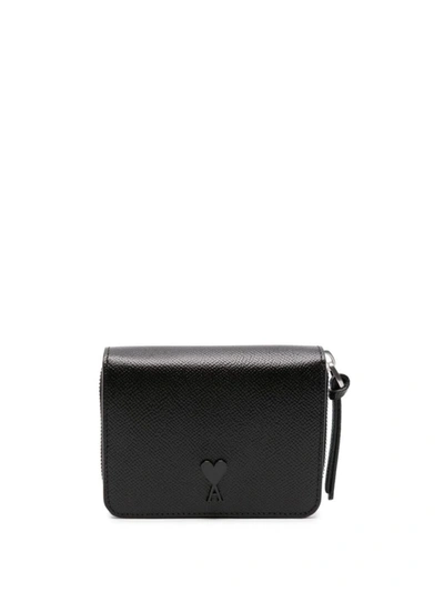 Ami Alexandre Mattiussi Paris Ami De Coeur-monogram Leather Wallet In Wool Tricontine Black