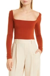 Vince Square Neck Long Sleeve Stretch Cotton Knit Top In Rust Amber
