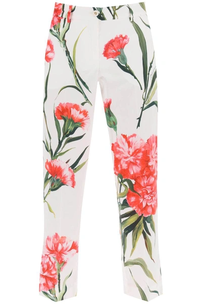 Dolce & Gabbana Floral-print Cropped Trousers In Bianco