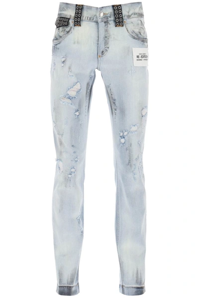 Dolce & Gabbana Re-edition Jeans With Leather Detailing In Variante Abbinata (light Blue)