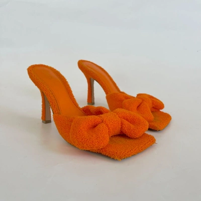 Pre-owned Bottega Veneta Orange Terry Cloth Bow Square Toe Stretch Mules, 37.5