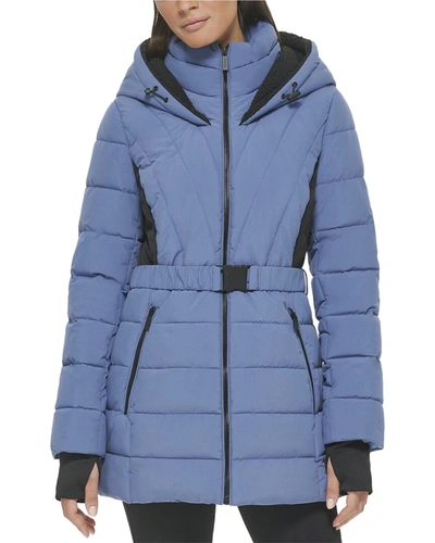 Kenneth Cole Belted Stretch Puffer Coat In Blue