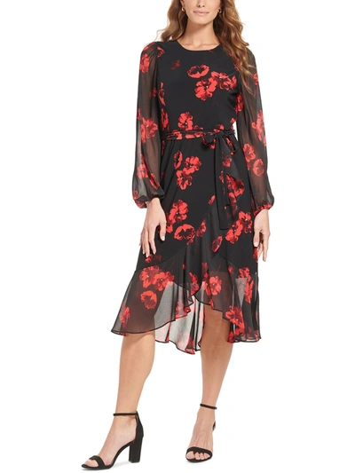 TOMMY HILFIGER PETITES WOMENS FLORAL PRINT CALF MIDI DRESS