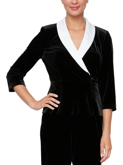 Alex Evenings Women's Velvet Side-button Satin-lapel Blouse In Black/white