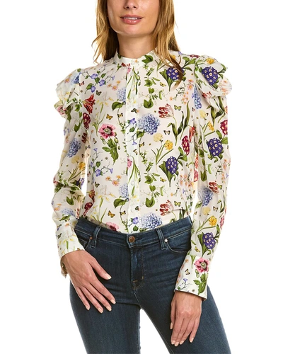 Oscar De La Renta Puff Sleeve Button Front Silk Top In White