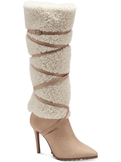 Thalia Sodi Rikka Womens Faux Shearling Strappy Knee-high Boots In Beige