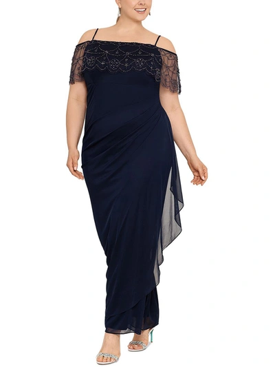 X By Xscape Plus Womens Beaded Long Evening Dress In Blue