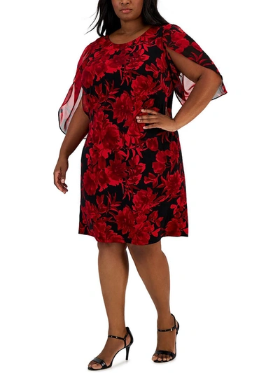 Connected Apparel Plus Womens Floral Knee Shift Dress In Red