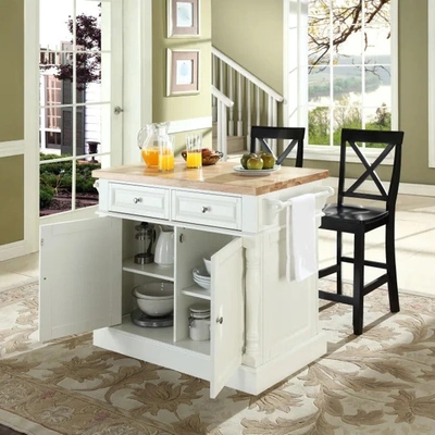 Crosley Furniture Oxford Natural Wood Top Kitchen Island With 2 Bar Stools