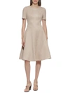 CALVIN KLEIN WOMENS FAUX SUEDE SHORT SLEEVES FIT & FLARE DRESS
