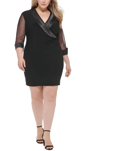 Jessica Howard Plus Womens Illusion Faux Wrap Shift Dress In Black