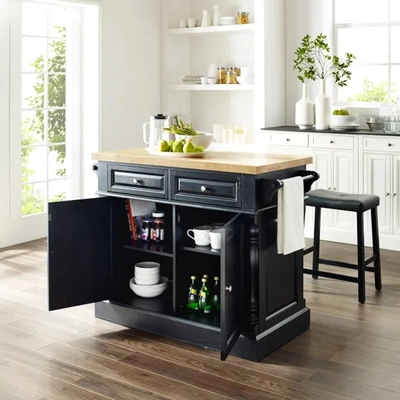 Crosley Furniture Kitchen Island With Butcher Block Top And 24-inch Upholstered Saddle Stools