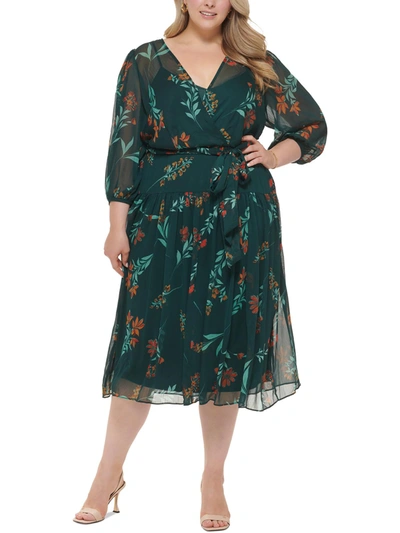 Calvin Klein Plus Womens Chiffon Floral Fit & Flare Dress In Green