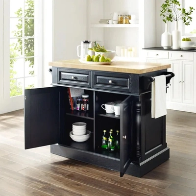 Crosley Furniture Oxford Butcher Block Top Kitchen Island In Black Finish With Stools