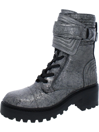Dkny Basia Womens Leather Metallic Combat & Lace-up Boots In Grey
