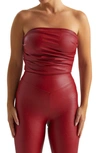 NAKED WARDROBE PLEATED STRAPLESS FAUX LEATHER BODYSUIT