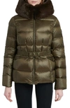 The Recycled Planet Company Lux Faux Fur Lined Water Resistant Down Recycled Nylon Puffer Jacket In Olive