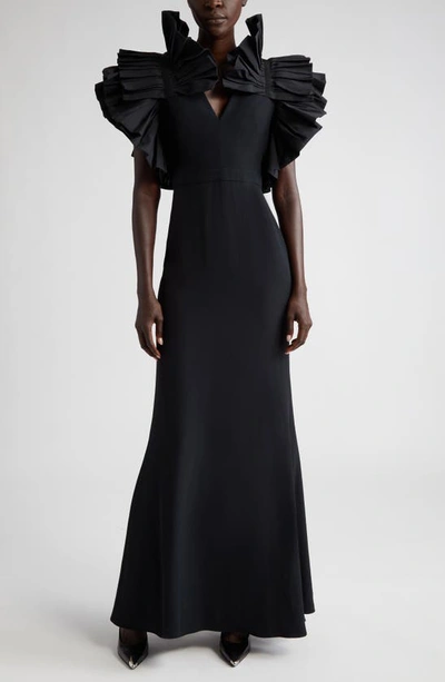 Alexander Mcqueen Column Evening Gown With Ruffle Sleeves In 1000 Black