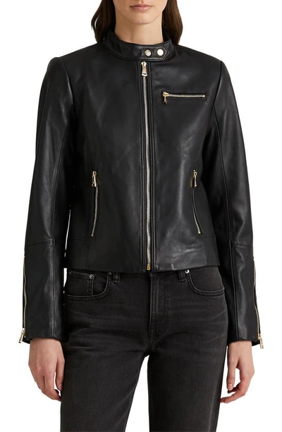 Lauren Ralph Lauren Leather Moto Jacket In Black