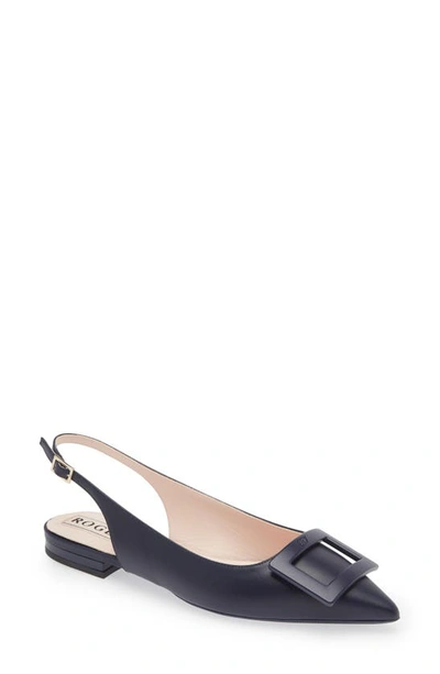 Roger Vivier Gommettine Point-toe Leather Slingback Flats In Navy Blue
